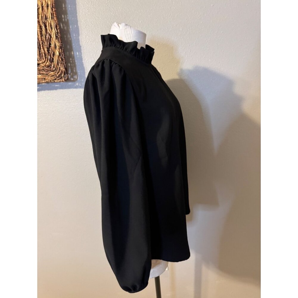 J Crew Top M Medium Black Ruffle Crew Neck Washable Long Sleeve Classic - Picture 4 of 12